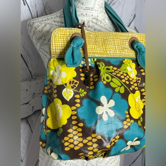 Fossil KeyPer Yellow Plaid Tulip Coated Canvas Purse Bag Tie Handles Key Charm - Picture 4 of 11